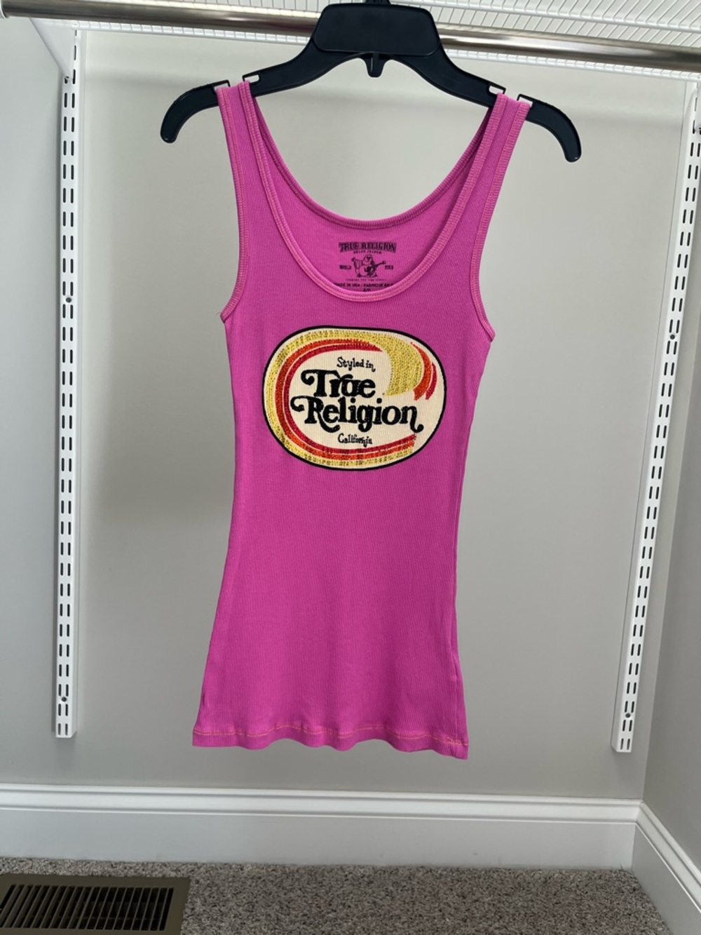True Religion Hot Pink Ribbed Crystallized Logo Tank NWOT